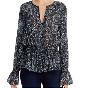 Bella Dahl - Smocked Waist Button Down Blouse - Black / Grey Snake Print - Small